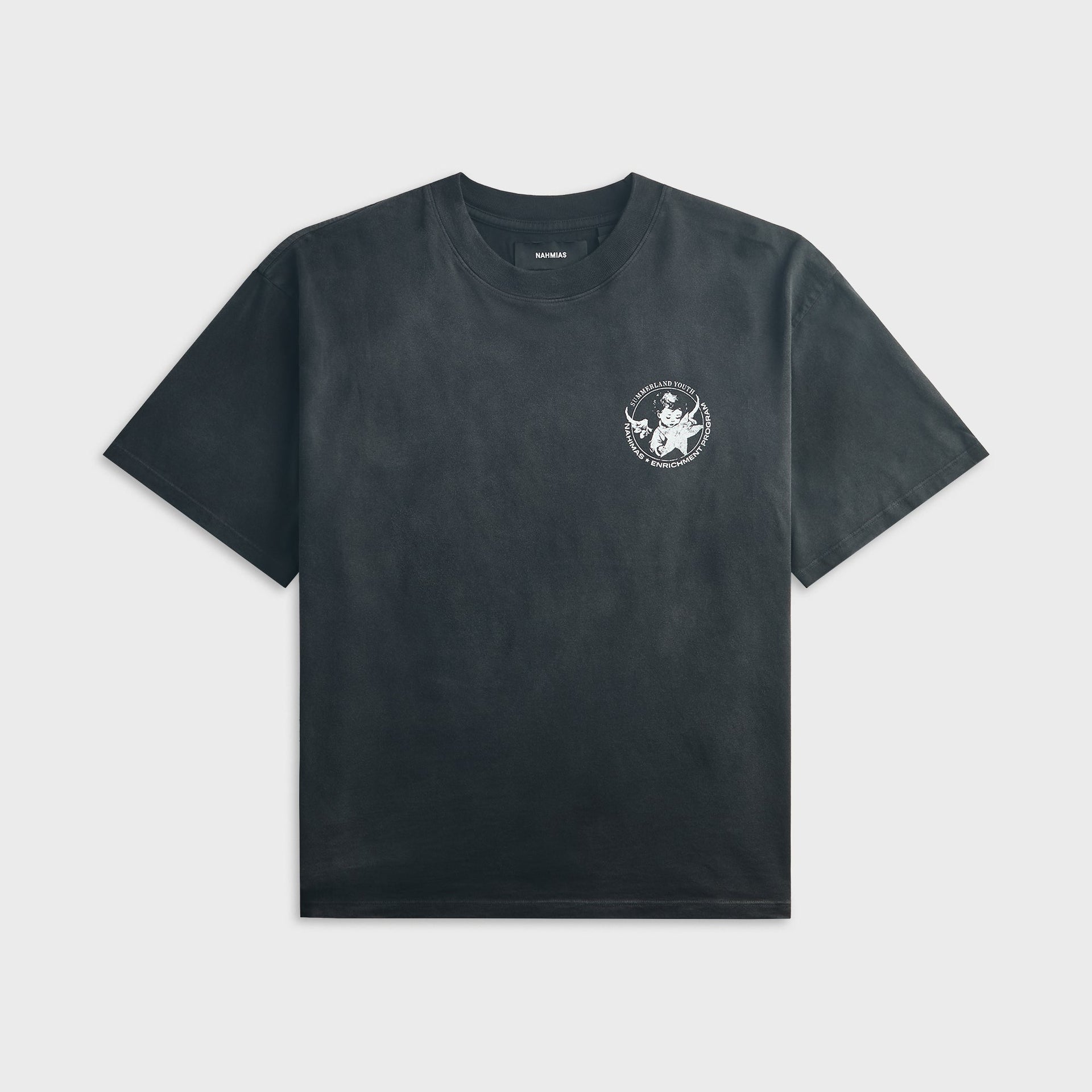 NAHMIAS Youth Enrichment Program aged black boxy tee, front view with small left-chest white cherub crest