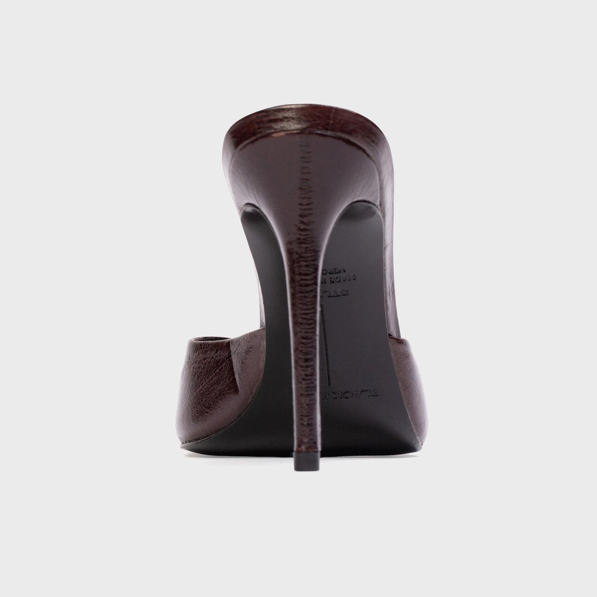 Black Suede Studio Brea Mule in Brown Eel (dark brown embossed leather), rear view of stiletto heel and heel cup