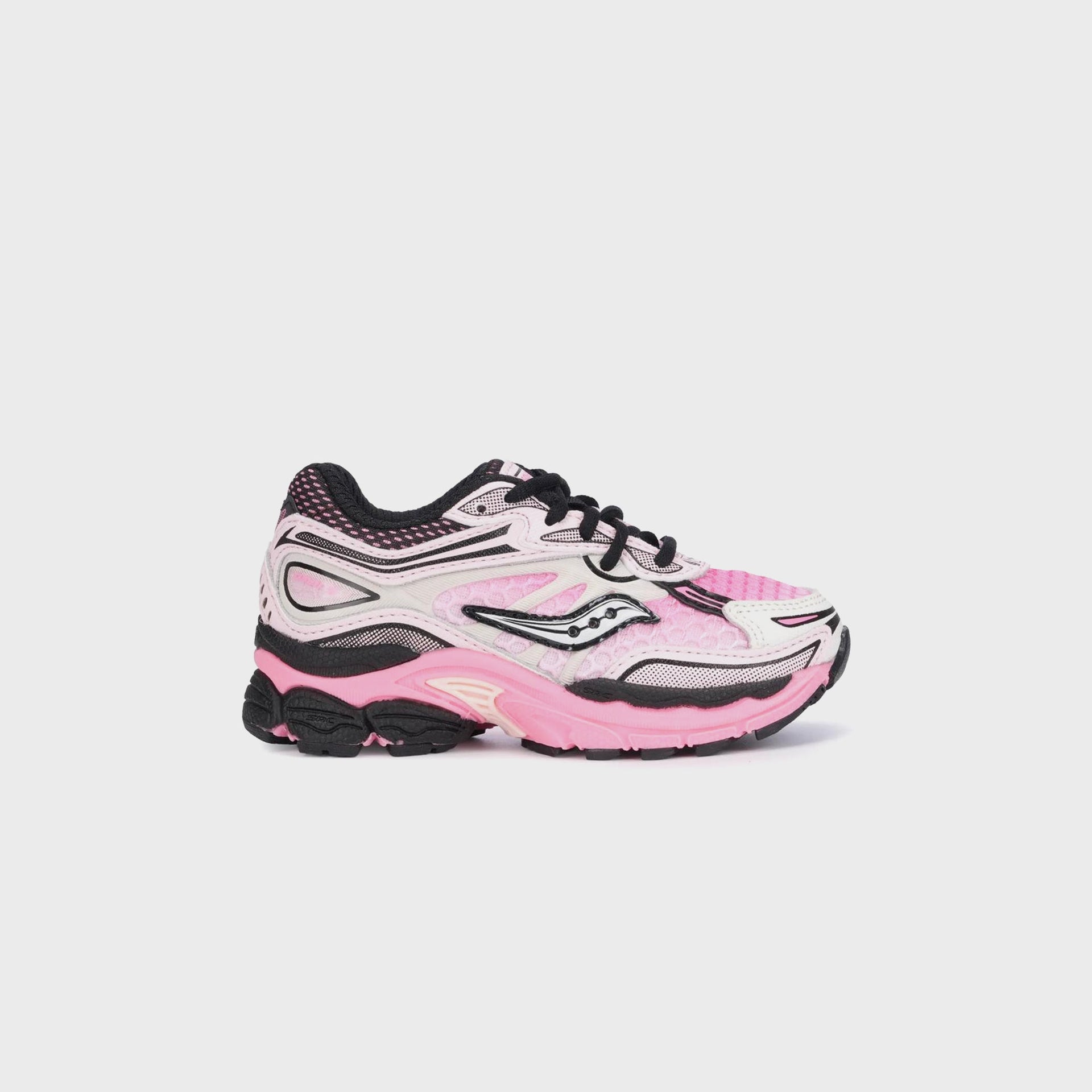 Saucony TD Omni 9 KDZ sneaker in pink, white and black, lateral side profile view
