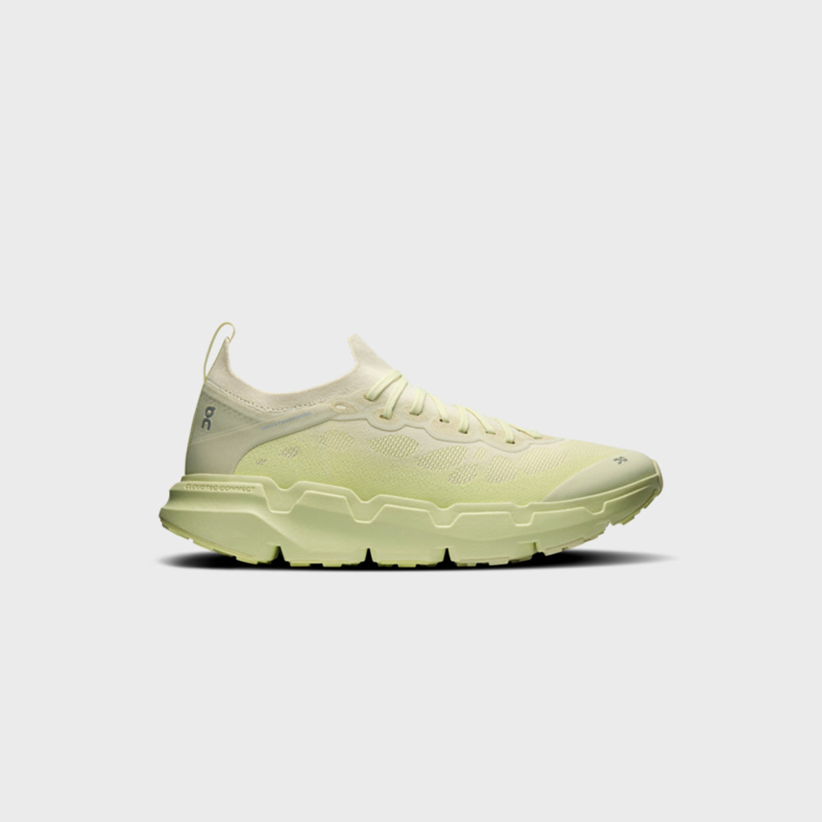 On x Post Archive Faction Cloudsoma sneaker in pale lime green with cream knit collar, side profile view