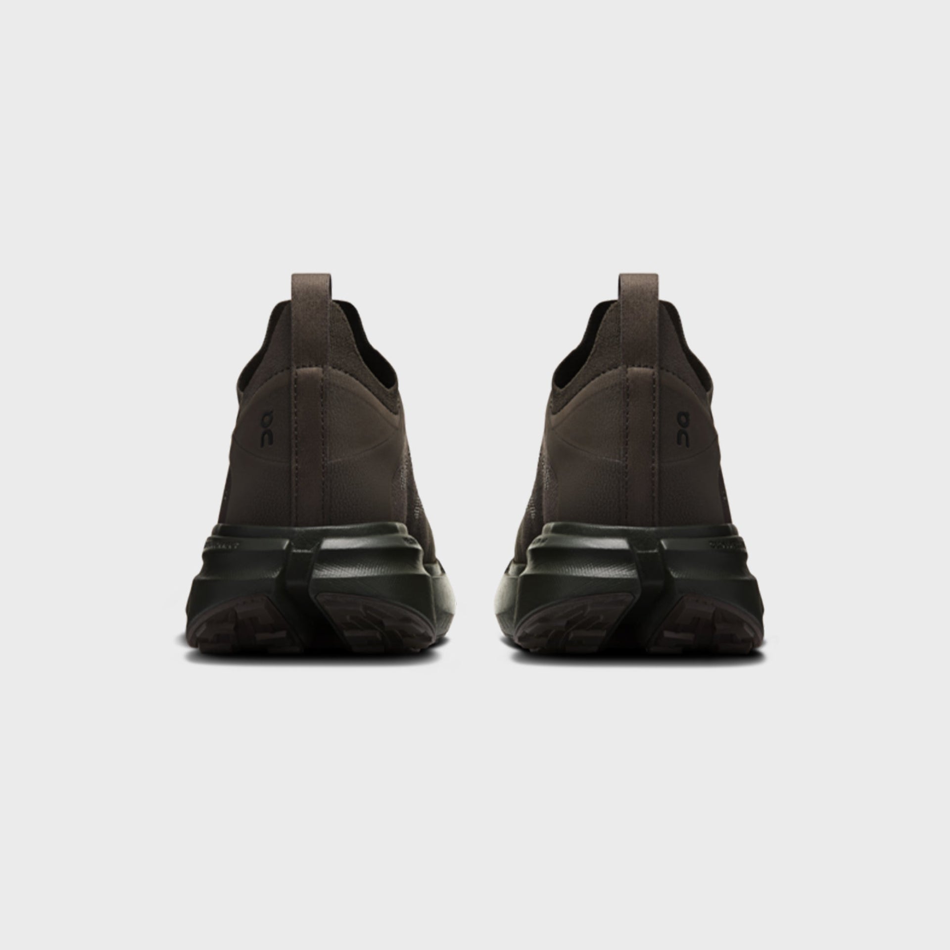 On x Post Archive Faction Cloudsoma sneaker in taupe brown, rear heel view of pair
