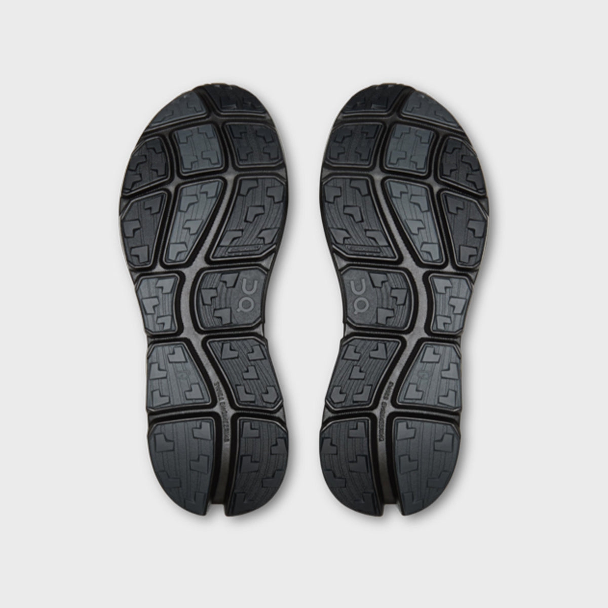 On x Post Archive Faction Cloudsoma sneaker in all-black, outsole tread view of pair