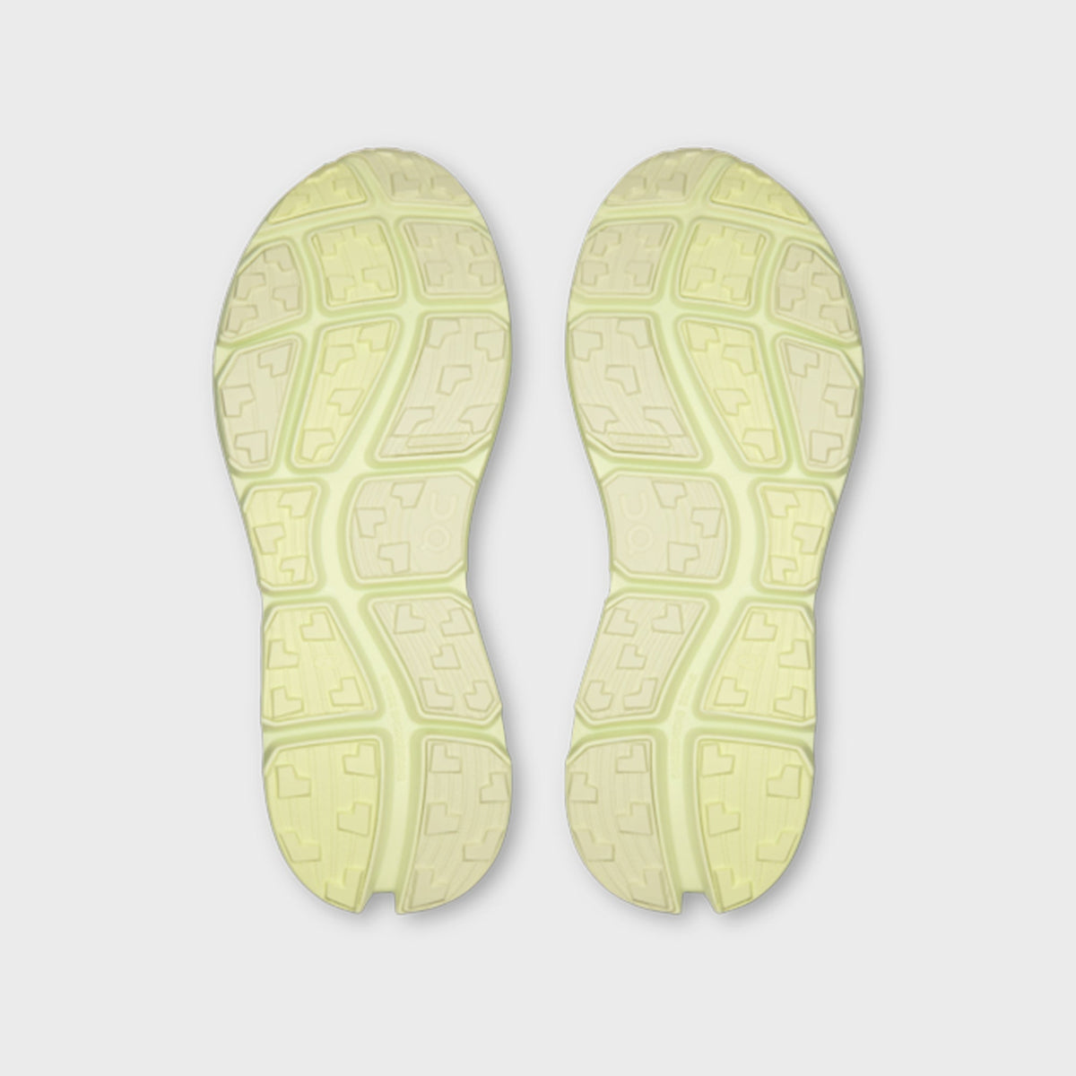 On x Post Archive Faction Cloudsoma sneaker in pale lime green, outsole tread view of pair