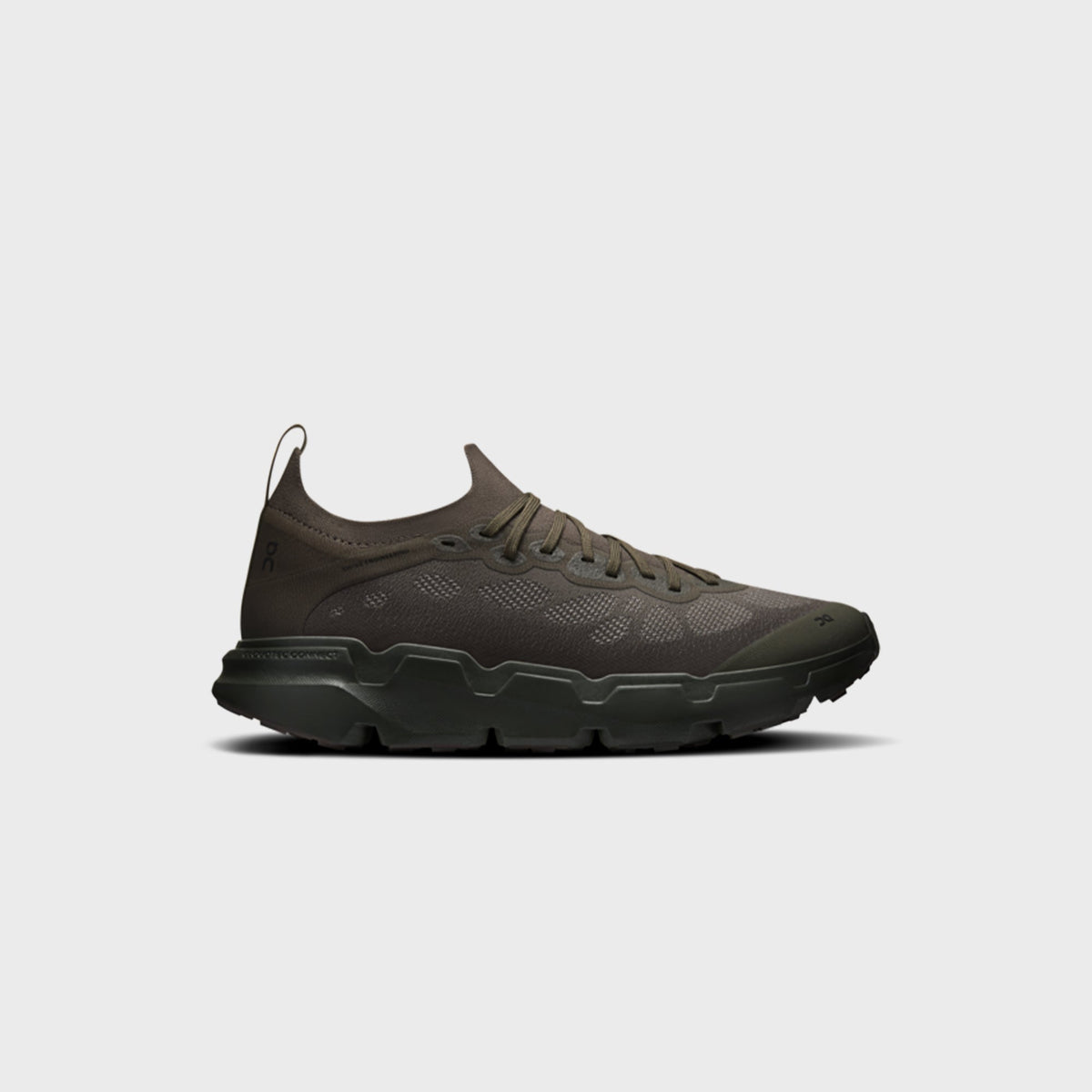 On x Post Archive Faction Cloudsoma sneaker in taupe brown with olive-green outsole, side profile view