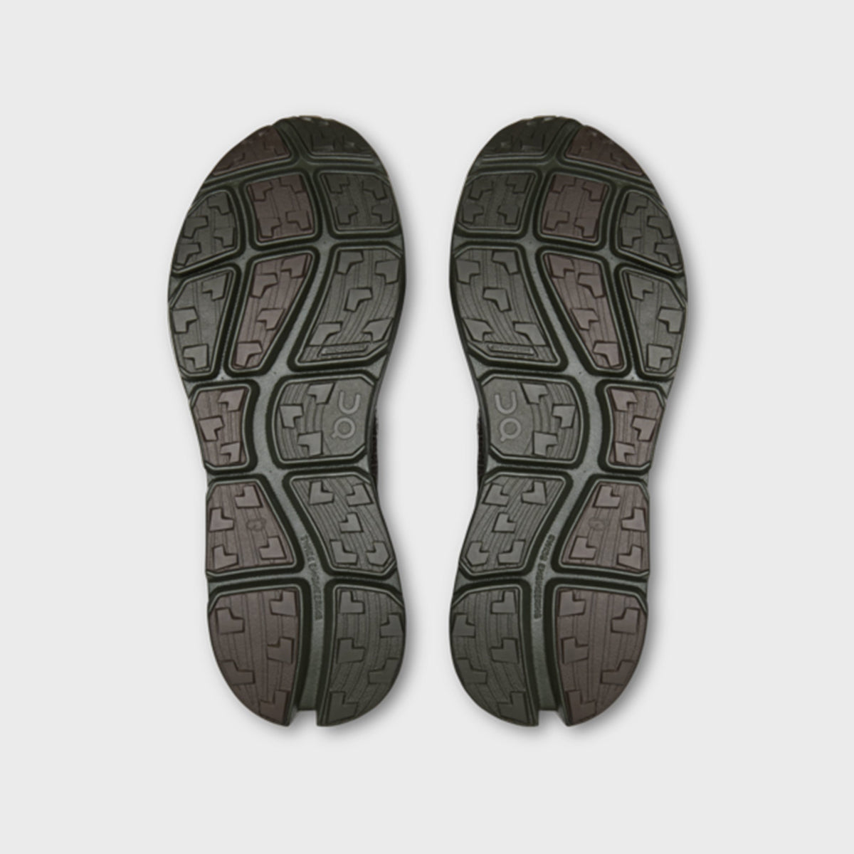 On x Post Archive Faction Cloudsoma sneaker in taupe brown, outsole tread view of pair