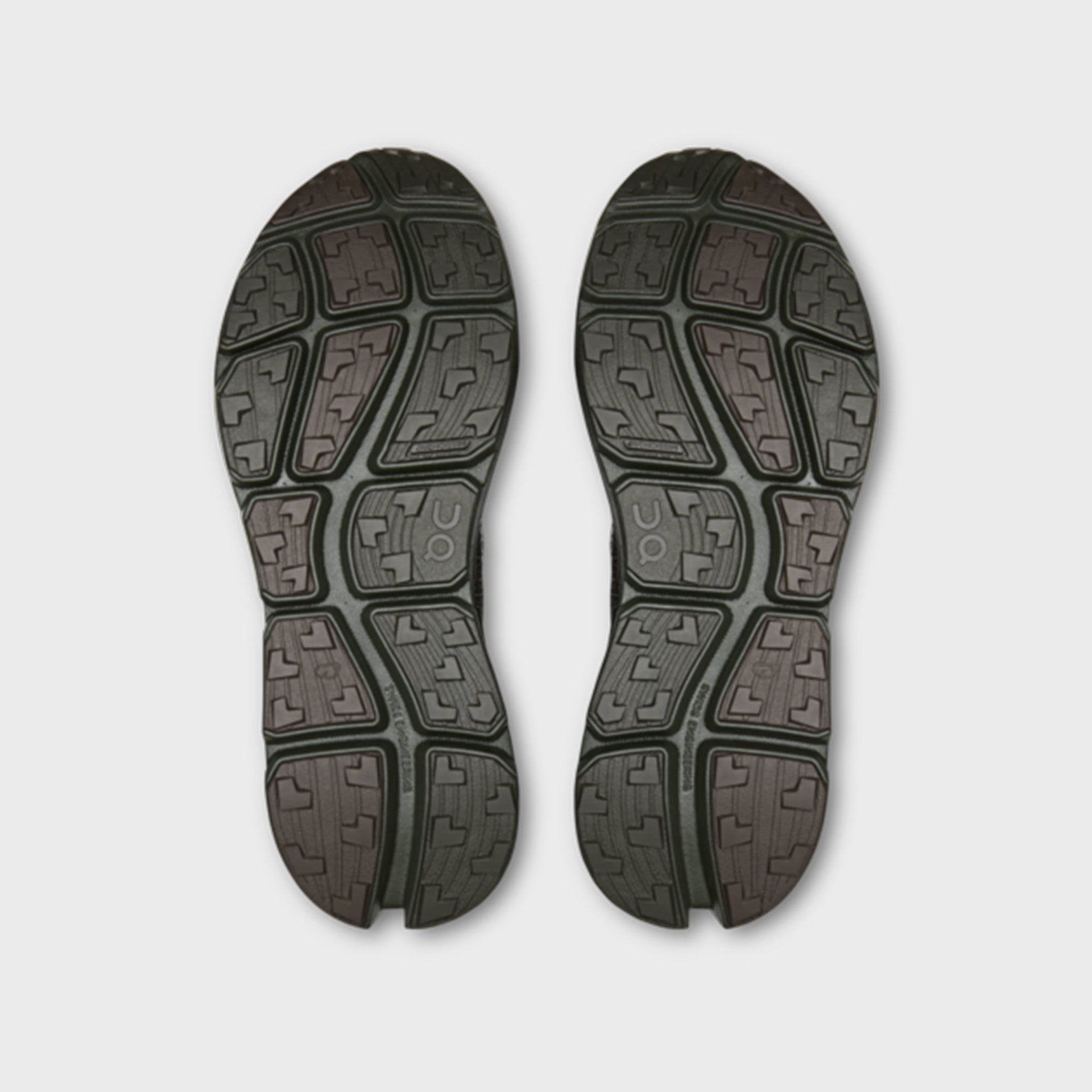 On x Post Archive Faction Cloudsoma sneaker in taupe brown, outsole tread view of pair