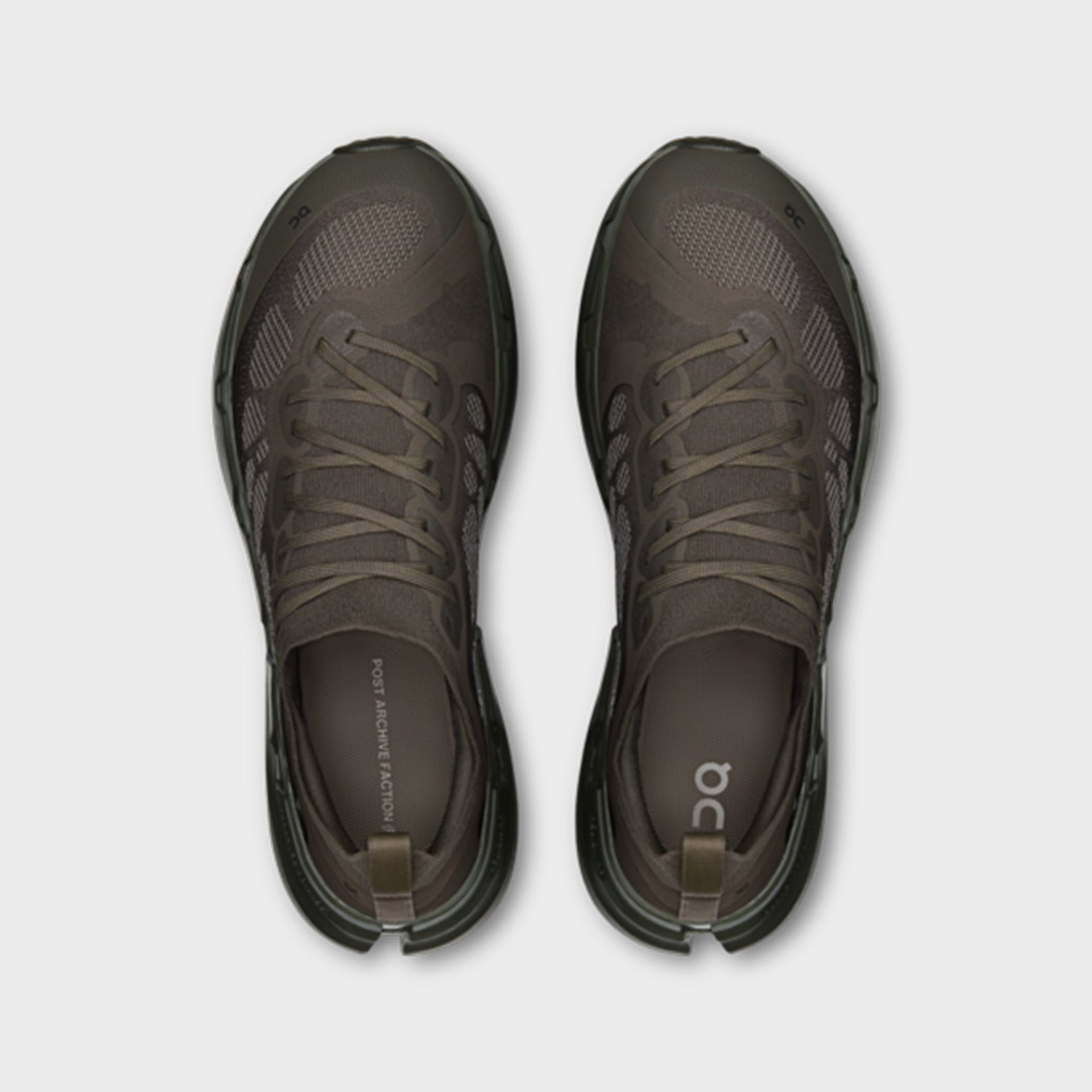 On x Post Archive Faction Cloudsoma sneaker in taupe brown, top-down view of pair