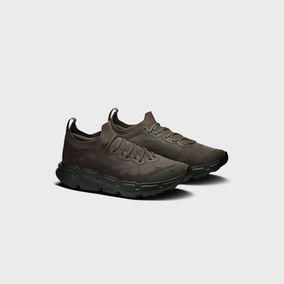 On x Post Archive Faction Cloudsoma sneaker in taupe brown, front three-quarter view of pair