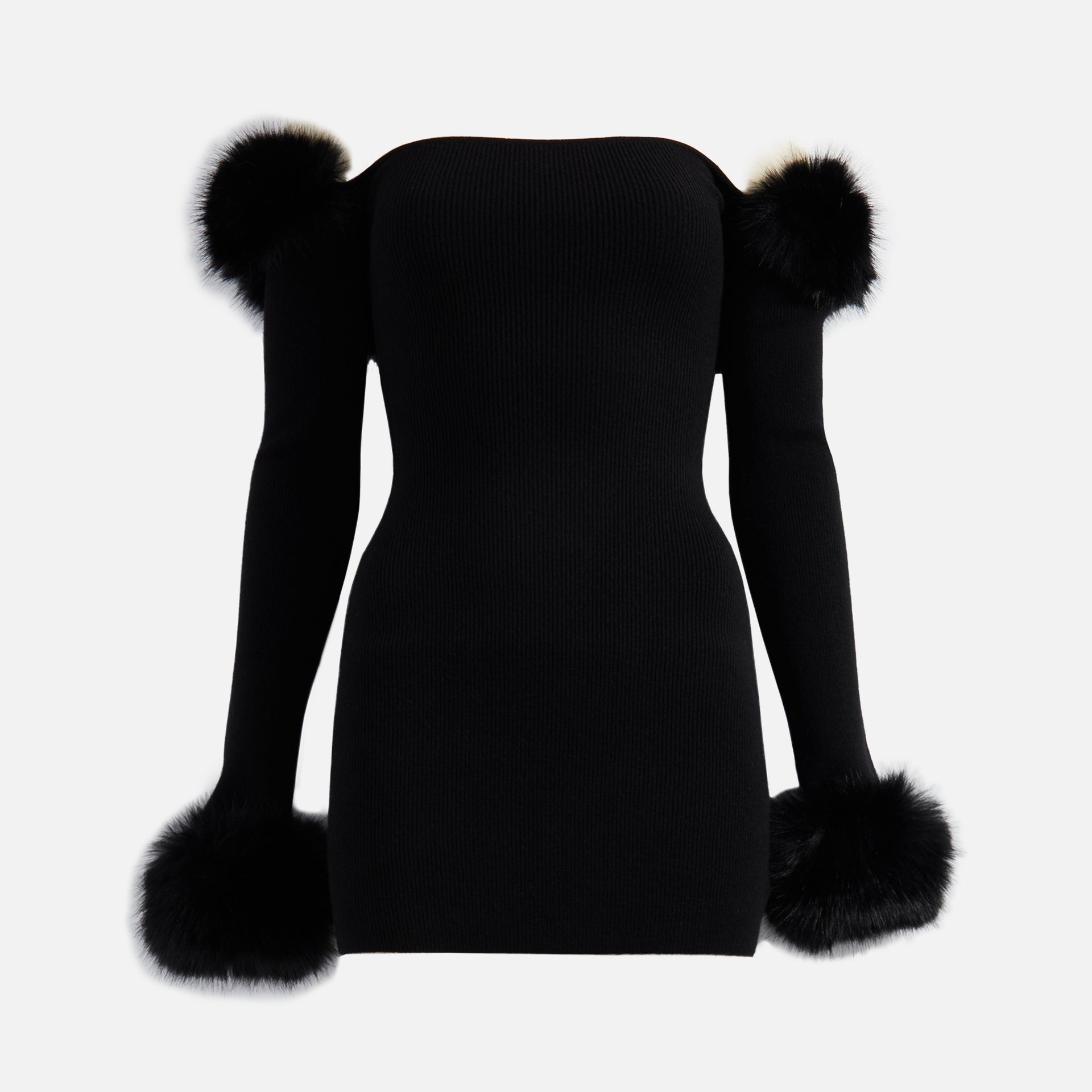 GUIZIO Faux Fur Off The Shoulder Mini Dress - Black