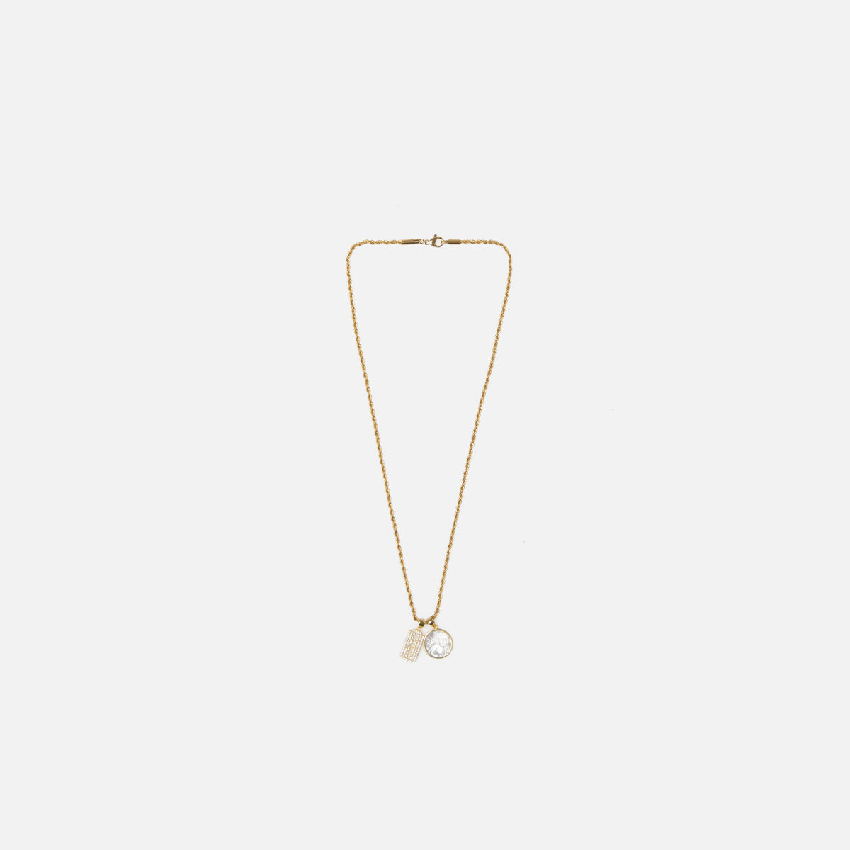 Fallon Rope Chain Necklace w/ Razor Blade and Mother of Pearl Angel