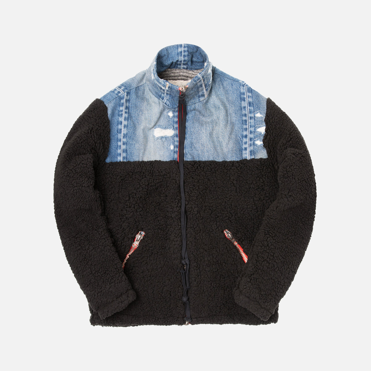 Greg Lauren Denim Sherpa Hi-Tech Zip Pullover - Black