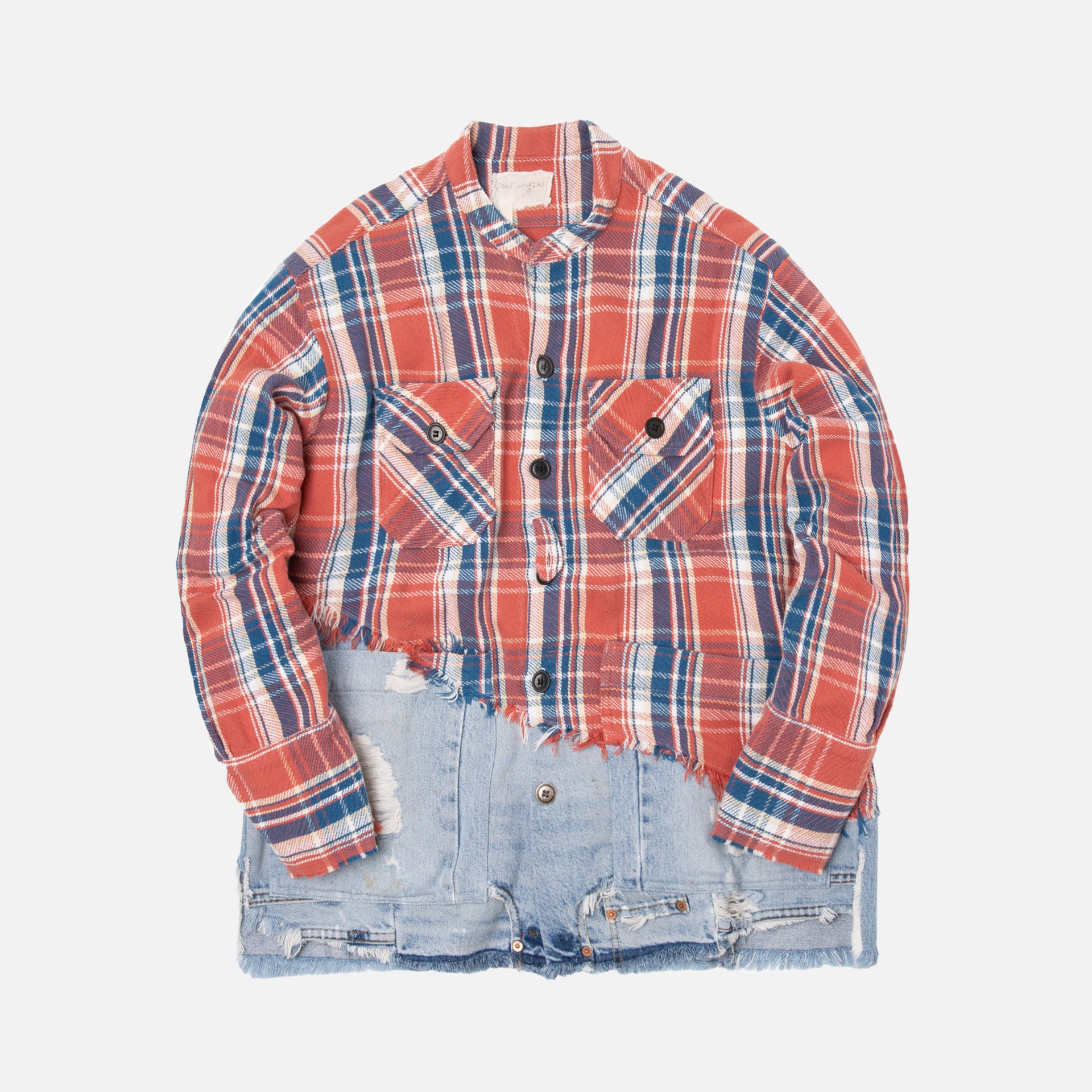 Greg Lauren 50/50 Plaid Denim Boxy Studio Shirt - Red