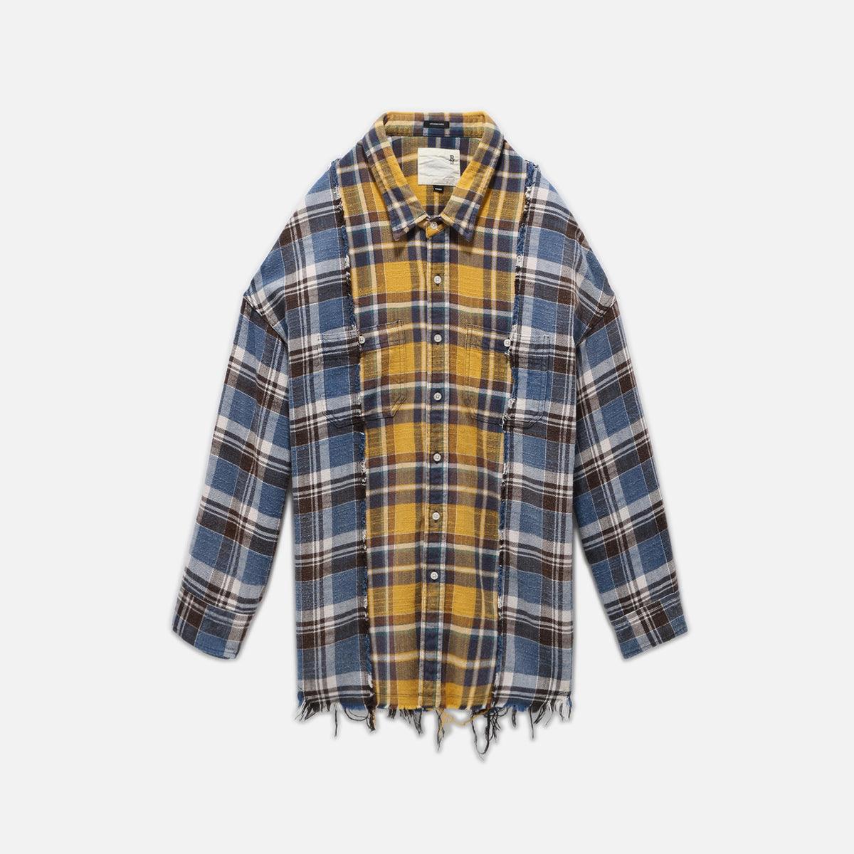R13 Drop Neck Combo Work Shirt - Blue Yellow Plaid